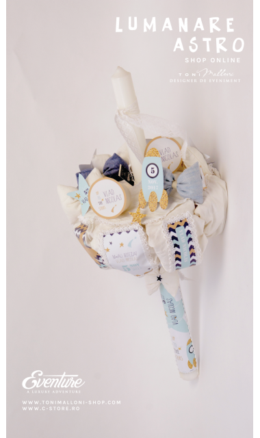 Lumanare de botez pentru baieti , cosmos cu planete si nave spatiale, 65x4cm, Up to the stars 4
